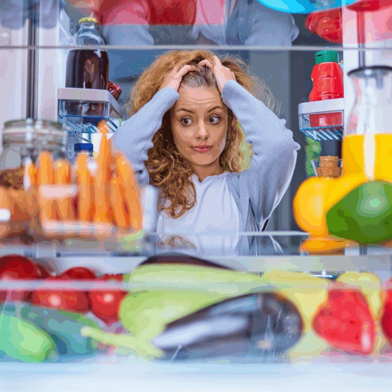 Une femme devant son frigo